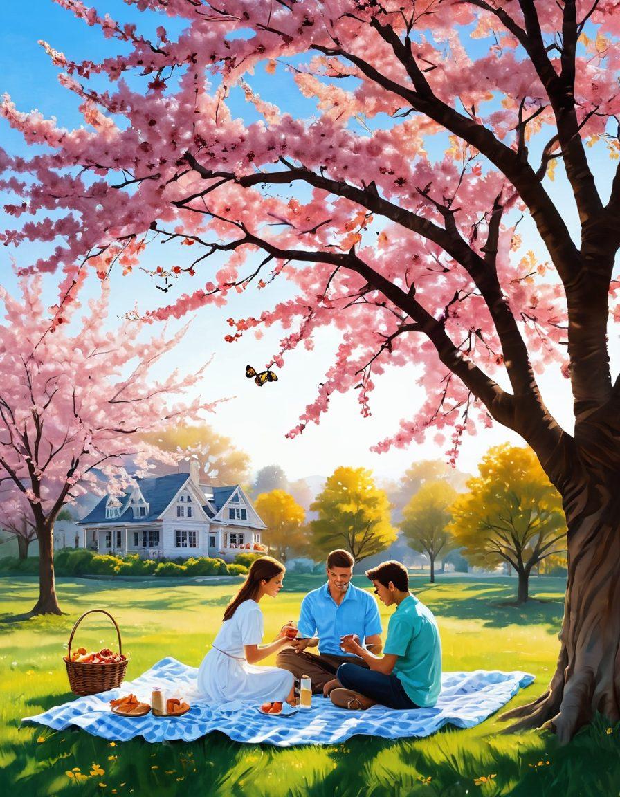 A cozy scene depicting a serene outdoor setting, with a couple enjoying a picnic under a blossoming cherry tree, surrounded by soft sunlight and fluttering butterflies. Include elements of warmth and affection, such as entwined hands and a blanket filled with heart-shaped snacks. The atmosphere should evoke feelings of love and connection, highlighting the beauty of shared moments in nature. vibrant colors. painting. soft focus.