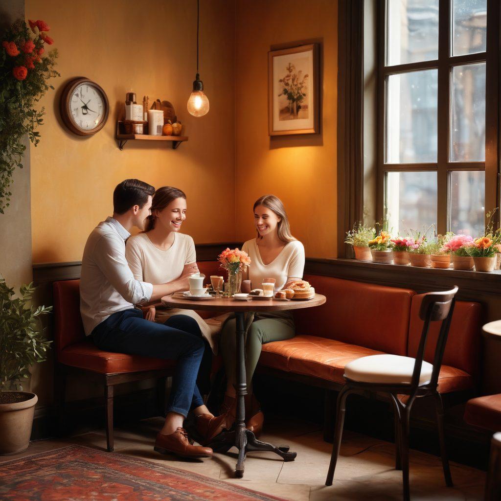 A cozy café setting with a couple sharing a heartfelt conversation over coffee, surrounded by soft lighting and romantic decor. Include elements like a small table with fresh flowers and pastries, setting a warm and inviting atmosphere. Capture the intimacy and connection between the couple, with subtle hints of laughter and affection in their gestures. Use vibrant colors that enhance the romantic mood. super-realistic. warm tones. soft focus.