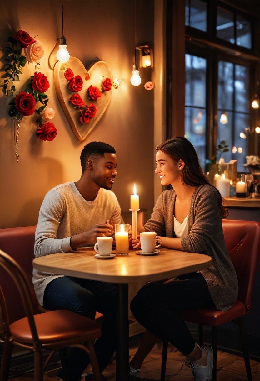 A cozy, intimate cafe scene featuring a couple sharing a dessert at a candle-lit table, surrounded by soft, warm lighting that creates an inviting atmosphere. Include a barista crafting a latte with heart-shaped foam art in the background, and delicate decor such as roses and soft fabrics enhancing the romantic vibe. The overall feel should evoke warmth and connection. super-realistic. vibrant colors. soft focus.